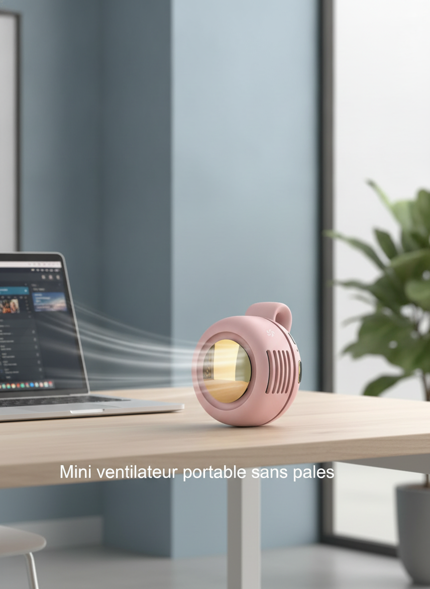 A blade-less portable mini fan on a light-colored desk next to an open laptop in an office setting.